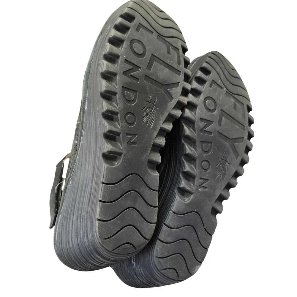 Fly London Yala Black Perforated Nubuck Leather Wedge Sandals Peep Toe 41